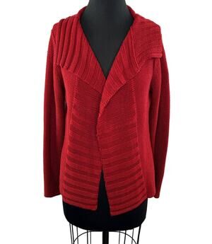 Beyond Threads Red Pima Cotton Chunky Knit Ribbed Foldover Collar Cardigan M